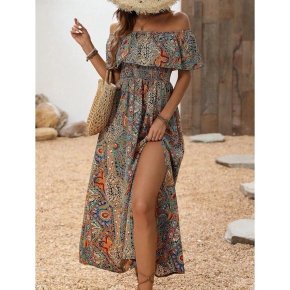 Thigh slit rainbow paisley sleeveless off the shoulder boho ruffle maxi dress - Picture 1 of 10